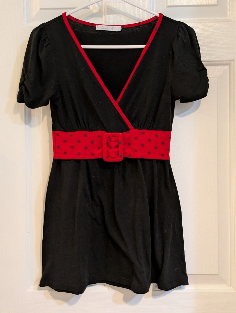 Black Top with Red Trim & Polka Dot Belt - Women